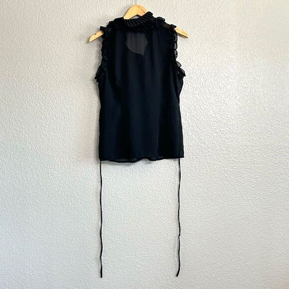 Antilia Femme Blouse Tie Waist Sheer Black Ruffle Hem Pleated Button Up Sz Large - Picture 4 of 8